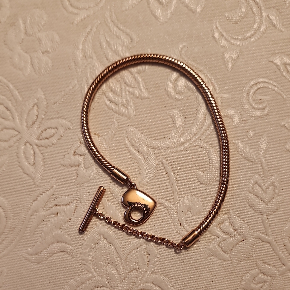 Pandora Moments Heart T-Bar Snake Chain Bracelet 14k Rose Gold Plating
